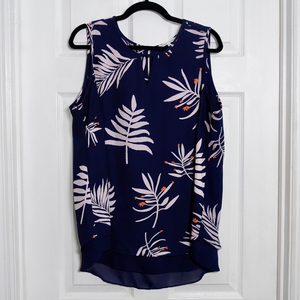 Navy blue blouse with light pink palm leaves